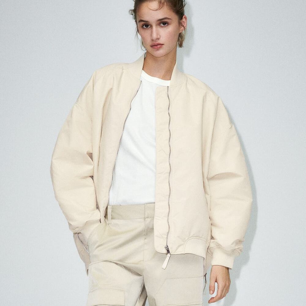 Zara Women's White Oversized Long Sleeve Pockets Full Zip Bomber Coat Jacket L